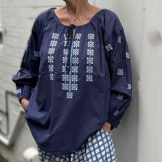 blue poplin embroidered top 100% soft washed poplin designed for loose fit full balloon sleeve embroidered yolk and sleeve