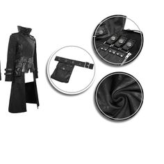 This punk coat is edgy and stylish with its twill and faux leather panels.The high-collar has got snap buttons which can be undone if preferred. The coat also features a belt with a buckle, a zipper that runs down it, lots of metal embellishments and more snap buttons on sleeves and shoulders.The pouch is attached near the right shoulder with snap buttons and the belt can be detached too. Product Specifications: Style: Punk Fabric:80% Cotton, 3% Spandex, 17% Synthetic Leather Gothic Outerwear With Rivets, Gothic Outerwear With Rivets For Alternative Fashion, Leather Outerwear With Rivets For Alternative Fashion, Gothic Leather Outerwear, Black Riveted Outerwear For Cosplay, Gothic Rivets Outerwear For Cosplay, Gothic Riveted Outerwear For Cosplay, Punk Outerwear With Rivets For Cosplay, Punk Leather Outerwear For Cosplay