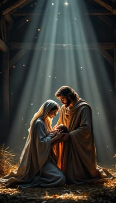 jesus and mary in the manger scene with light coming from behind them on christmas morning