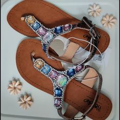 Mossimo's Gorgeous Flat Sandal Embellished With Rhinestones And Giant Colorful Gems Is Perfect To Wear For The Summer. F18496574 Color:Multi Bedazzled Flat Sandals For Summer, Summer Jeweled Open Toe Sandals, Multicolor Rhinestone Sandals For Spring, Multicolor Rhinestone Beach Sandals, Stone Embellished Round Toe Sandals For Summer, Multicolor Rhinestone Sandals For Summer, Summer Multicolor Sandals With Rhinestones, Bedazzled Synthetic Sandals For Summer, Adjustable Rhinestone Sandals For Spring