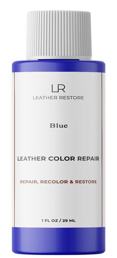 blue leather color repair bottle on a white background with the words leather restore written below it