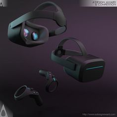 two virtual reality headsets are next to each other on a purple background with black accessories