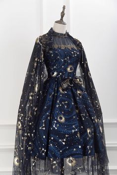 Lost Angel -The Starry Night- Lolita Cape (Gauze Version) Outfit Ideas Fancy Dress, Moon Star Dress, Space Prom Outfit, Space Homecoming Theme Outfit, Stary Night Outfit Ideas, Night Inspired Outfits, Celestial Witch Costume Ideas, Starry Dress Aesthetic, Celestial Aesthetic Clothes Dresses