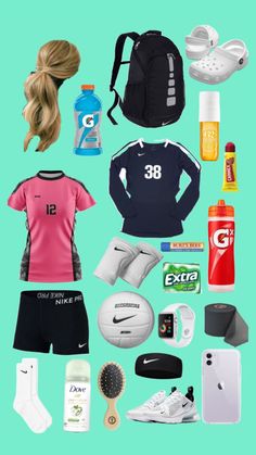 the contents of a woman's sports outfit displayed on a blue background with white shoes