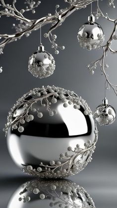 an ornament hanging from a tree branch with silver ornaments on it's branches