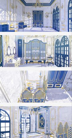 four different views of the interior of a building with blue and gold accents on it