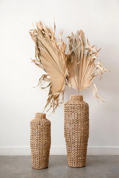 two vases with dried plants in them sitting on a concrete floor next to a white wall