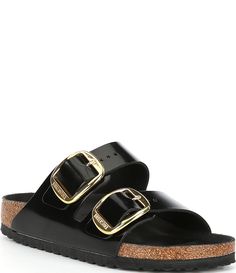 Birkenstock Women's Arizona Big Buckle High Shine Slide Sandals | Dillard's Black Leather Sandals With Gold Buckle, Leather Double Strap Sandals With Gold Buckle, Black Cork Sandals With Buckle Closure, Double Strap Cork Footbed Sandals With Buckle, Double Strap Cork Footbed Sandals With Buckle Closure, Arizona Big Buckle, Birkenstock Women, Flat Mules, Slides Sandals