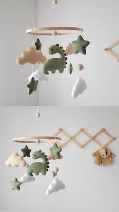 Adorable felt baby mobile featuring a charming green dinosaur. 💚

This baby mobile is meticulously handmade with attention to detail, ensuring a high-quality and delightful addition to your nursery decor. It is crafted using safe and eco-friendly materials, making it a perfect choice for your little one. 🌿 Sage Dinosaur Nursery, Cute Dinosaur Nursery, Nursery Decor Dinosaur, Dinosaur Mobile Diy, Green Dino Nursery, Dinasour Themed Nursery, Baby Nursery Dinosaur Theme, Nursery Ideas Dinosaur Theme, Dinosaur Theme Nursery For Boys