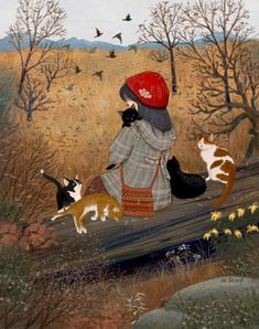 a painting of a woman walking with her cats in the woods and birds flying overhead