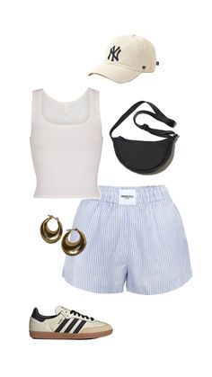 trending summer 2024 outfit blue striped boxer shorts white ribbed tank top chunky gold hoops ny new york yankees baseball hat adidas sambas Bottle With Straw, Water Bottle With Straw, Insulated Stainless Steel Water Bottle, Steel Water Bottle, Stainless Steel Water Bottle, Steel Water, Striped Shorts, Summer 2024, Straw