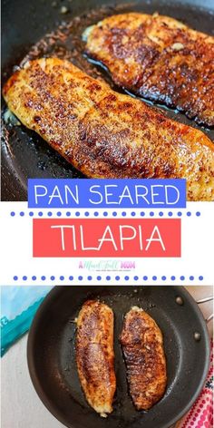 pan seared tilappa in a cast iron skillet with text overlay