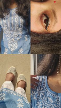 three different pictures of a woman's face and feet