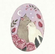 an oval painting with two cats and roses in the background, one cat is hugging the other