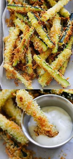 fried zucchini sticks with dipping sauce on the side