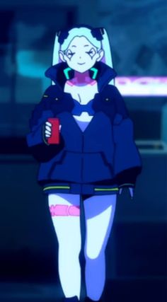 an anime character is walking down the street holding a cup and looking at her cell phone