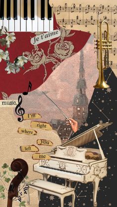 an artistic collage with musical instruments and music notes, including a grand piano in the foreground