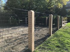 a fence that is next to some grass and trees on the side of a road