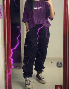 Egirl Baddie Aesthetic, Black Purple Outfit Aesthetic, Korean Street Fashion Purple, Purple And Black Casual Outfits, Baggy Purple Outfit, Purple And Black Outfits Grunge