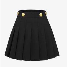 Knee Length (I’m 5’4) Black Pleated Skirt With Button Detail And Hidden Elastic Waist Polyester- Easy To Maintain Pleats, Because Who Still Irons Things? Never Worn Large 8-12 Black Buttoned Mini Skirt For Work, Black Mini Skirt With Button Closure, Black Buttoned Mini Skort, Black Mini Skort With Buttons, High Waist Black Mini Skirt With Buttons, Black High Waist Mini Skirt With Buttons, Fitted Black Mini Skirt With Buttons, Fitted Skirt With Gold Buttons, Chic Black Buttoned Mini Skirt