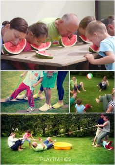 there are many pictures of people eating watermelon in the yard and playing with toys