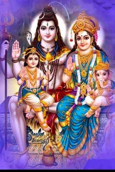 the hindu god and his family with their child in front of an artistic painting on purple background