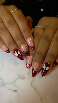 Spiderman nails, red nails, art nail, almond nails, pretty nails, aesthetics, Spider Man Nails Designs, Red Spider Man Nails, Spider Almond Nails, Spiderman Nails Almond Shape, Spiderman Christmas Nails, Subtle Spiderman Nails, Spider Man Almond Nails, Spiderman Gel Nails