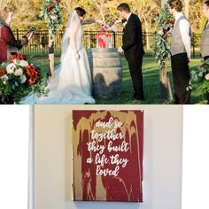 a couple getting married in front of a wedding sign and an image of the bride and groom exchanging vows