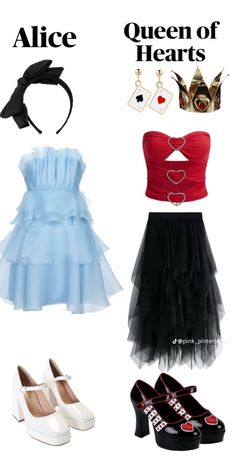 four different types of dresses and shoes with the words alice, queen of hearts on them