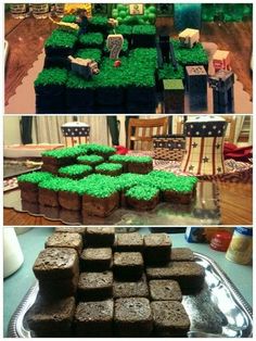 there are many cakes made to look like they have green grass on them and in the shape of trees