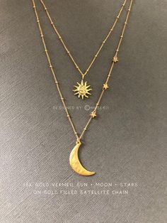 Gold Moon and Sun double layered Necklace, Gold Moon and star necklace, Mother daughter necklace, Celestial jewelry, Gift for women Moon And Star Necklace, Sun And Moon Necklace, Good Luck Necklace, Friendship Necklace, Dainty Diamond Necklace, Mother Daughter Necklace, Necklace Moon, Star Charm Necklace, Moon And Sun