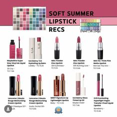 Lipsticks For Soft Summer, Soft Summer Makeup Lipsticks, Soft Summer Lipstick Palette, Shaded Soft Summer Color Palette, True Summer Makeup Products, True Summer Lipstick Colors, Cool Summer Lipstick Colors, Muted Summer Makeup, Soft Summer Makeup Products