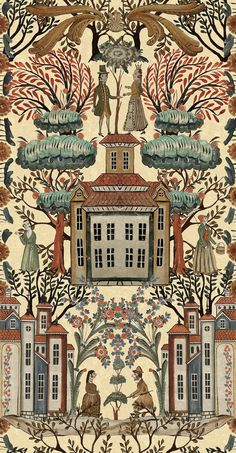 an intricately designed wallpaper with people and trees