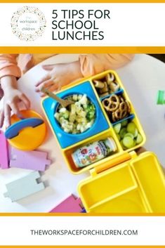 the words 5 tips for school lunches on top of a table with children's hands