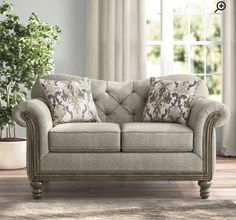 a living room scene with focus on the loveseat and pillows in the foreground