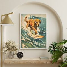 a dog on a surfboard riding a wave in the ocean under a framed art print