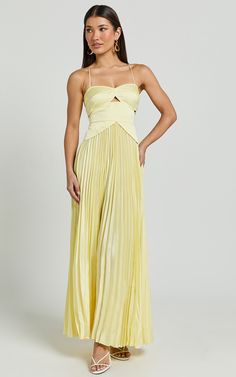 Shay Maxi Dress - Sweetheart Cut Out Pleated Dress in Lemon Bridesmaid Aesthetic, Yellow Formal Dress, Strapless Formal Dress, Basic Black Dress, Yellow Bridesmaid Dresses, Long Sleeve Dress Formal, White Long Sleeve Dress, Guest Attire, Prom Dress Inspiration