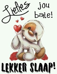 a white teddy bear holding a red heart with the words jellies jou bate leker slap