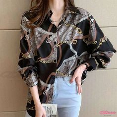 Qteee - Classic Colorblock Long Sleeve Shirt with Vintage Appeal Trendy Long Sleeve Color Block Shirt, Casual Black Color Block Blouse, Casual Office Attire, Spring Summer Autumn Winter, Small Clothes, Large Clothes, Chiffon Shirt, Print Chiffon, Printed Blouse