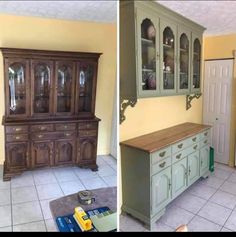 two pictures of an old china cabinet with glass doors and wood top in the middle