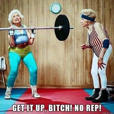 an older woman is lifting a barbell in front of another old woman with headbands