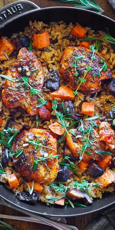 Chicken and Wild Rice with Sweet Potatoes and Portobello Mushrooms in a cast iron skillet. Colorado September, Potatoes And Mushrooms, Julia's Album, Potatoes Mushrooms, Rice Meals, Orange Sweet Potatoes, Cooking Wild Rice, Leftover Chicken Recipes, Beach Food