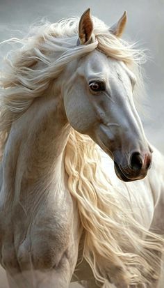 a white horse with long blonde hair running