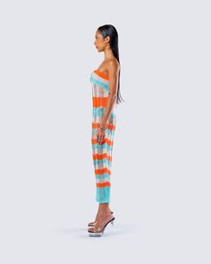 A knit moment is always a slay 🧡 Leave a little bit to the imagination, while also staying comfy in this midi dress - Made from an open knit, and complete with adjustable straps, striped colors, and a fitted strapless style, making it the perfect look for all your summer activities 😏 Leave little to the imagination -- dress is sheer & undergarments are not included 👀 Cargo Pant, Knit Midi, Knit Midi Dress, Open Knit, Summer Activities, Dress Making, Print Dress, Adjustable Straps, Perfect Fit