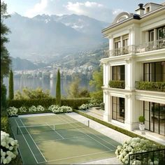 an artist's rendering of a tennis court in front of a mansion