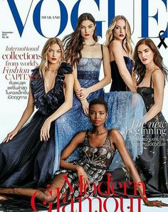 three women in evening dresses on the cover of a magazine