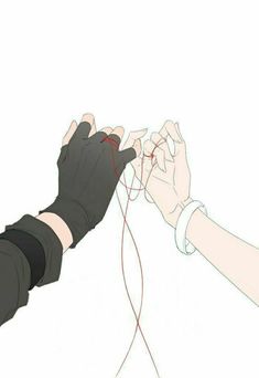 two hands with black gloves holding red string