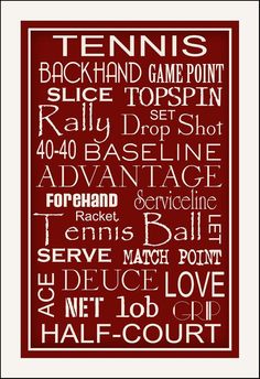 a blue and white poster with the words tennis