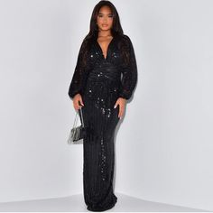 Vintage Sexy Women's Sequin Evening Dresses Long Sleeve V Neck Slim Waist Glitter Luxury Long Party Socialite Style, Dress Party Night, Sequin Evening Dresses, Elegant Party Dresses, Sequin Maxi, Sequin Maxi Dress, Sequin Party Dress, Elegant Dresses For Women, Midi Maxi Dress