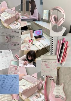 a collage of photos with pink and white items on them, such as headphones, notebooks, pens, calculator